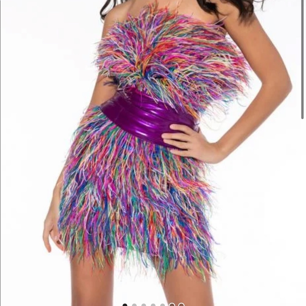 Multi colored feather dress from Shop Akira